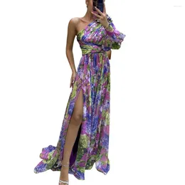 Повседневные платья Женское платье на одно плечо с цветочным принтом и разрезом по бокам, плиссированные для вечеринок, банкетов, вечеринок