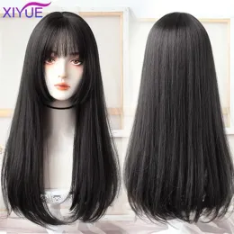 Wigs XIYUE Princess Cut Bangs Long Straight Synthetic Wigs for Women Natural Wave Wigs with Bangs Heat Resistant Cosplay Hair