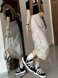 Saias Zoki American Retro Streetwear Salia de carga feminina Moda Hip Hop Midi Summer Alta cintura bolsões de cordão