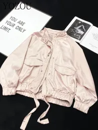 YOZOU осень-осень розовый шелковый атлас оверсайз свободная куртка-бомбер Y2k бейсбольное пальто на молнии женский топ корейская верхняя одежда Rave Outfits 240319