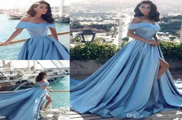 2018 Simple Arabic Light Blue Prom Dresses African Off the Shoulders Formal Dress Party Wear Evening Gowns Front Split Popular7542539