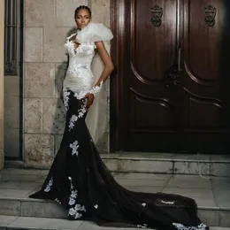 2024 Abiti da sposa a sirena nera Abiti da sposa Plus Size Collo alto Appliqued Abiti da sposa in pizzo con perline per donne nere africane Occasioni speciali D219