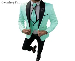 Bridalaffair Mint Green with Black Label Suits for Men 3 Piece Wedding Mens SuctupantsVest Custom Made Slimgroom Custom6691181