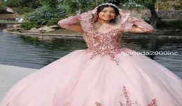 2022 Glitzerndes Quinceanera-Kleid mit Spitzenapplikation in Roségold, zweiteilig, abnehmbare Ärmel, Juliet-Ballkleid, lang, mexikanisch, Sweet 15, Charr3530975