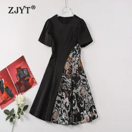 Abiti da festa ZJYT Stampa estiva Patchwork Vintage per le donne Moda manica corta Nero Abito casual Elegante 2024 Designer di passerella Robe