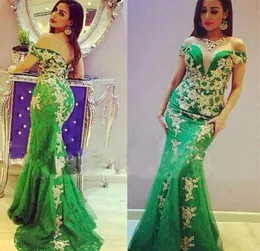 Saudi Arabic Green Mermaid Evening Dresses 2017 Sexy Off Shoulder Lace Applique Prom Dresses Plus Size Sweep Train Formal Party Dr5070792
