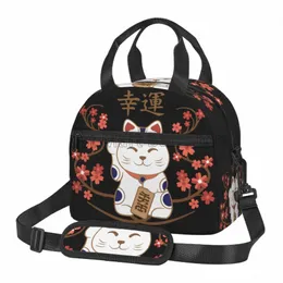 일본 럭키 고양이 점심 가방 여성 십대 소녀 소녀 재사용 가능한 절연 도시락과 어깨 스트랩 방수 내구성 토트 백 t7ci#