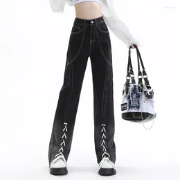 Women's Jeans Gradient Black Baggy Women 2024 Fashion Vintage High Waisted Streetwear Straight Wide Leg Laceup Trousers
