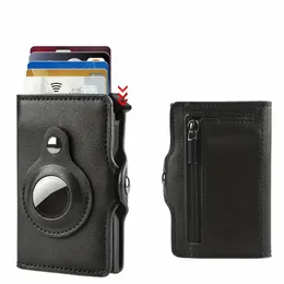 Airtag Buckle Wallet Metal Aluminium Box Case RFID مضاد للسرقة حامل بطاقة الائتمان الخاصة بالجلد الأصلي محفظة سوستة قصيرة من السوستة X90L#