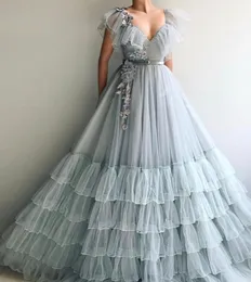 Robe de Soiree 2019 A Line Seven Dress Light Blue v Tulle Tulle Flowers Dubai Saudi Abons Long Evening Party Dress7683812