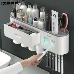 Acessórios do banheiro suporte de escova de dentes parede para distribuição automática de pasta de dentes e produtos de higiene pessoal prateleiras titular escova de dentes 240320
