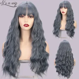 Perucas i peruca sintética longa onda de água perucas azuis para mulheres ombre rosa preto vermelho cosplay uso diário cabelo natural