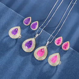 Necklace Earrings Set Drop Shape Purple Pink Zircon Mirco Setting CZ Pendant Adjustable Ring Stud Jewelry