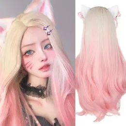 Perücken Synthetische Perücke Lange gewellte Perücke Ombre Goldene Perücke Rosa Perücke Weibliche Ahri KDA Cosplay Mittleres Naturhaar Hochtemperaturfaserperücke