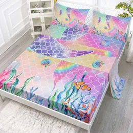 Datura Home Set 4 Pezzi Lenzuolo con Angoli e Piatto Ragazza Arcobaleno Rosa Coda di Sirena Stampa 1+2 Federe (Rainbow Full), Misura Intera 205,74 X 246,44 Cm