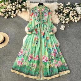 Abiti casual Abito lungo in chiffon verde bohemien Abito lungo da donna Manica a lanterna Monopetto Cintura con stampa floreale Abiti lunghi da vacanza