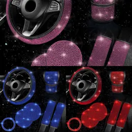 Upgrade Bling Car Accessories 5 Color Diamond Car Steering Wheel Cover Seat Belt Cushion Shift Knob Cover Push Start Button Decor Suit