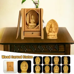 Sculptures 7cm Mini Small Guan Yin Wood Buddha Statue Boxwood Dragon Guanyin Bodhisattva Solid Wood Sculpture Feng Shui Home Decor