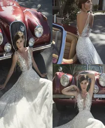 2019 Berta Beach Wedding Dresses Deep V Neck Bling Speicins Beading Sexy Backless Dress Feather Custom Made Boho Bridal Gow5621125