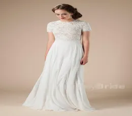 Nuovi abiti da sposa modesti in chiffon di pizzo spiaggia con maniche corte Abiti da sposa Boho Aline lunghezza del pavimento informale all'aperto LDS mer Go1630035