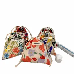 1pc Cott Fabric Floral DrawString Storage Pouch Packaging Japanese Graffiti Coin Lipstick Jewelry Organizer Christmas Gift Bag H9HR#