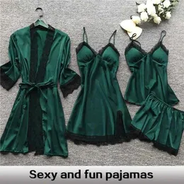 Damen Nachtwäsche 4PCS Pyjamas Set Seide Frauen Nachthemd Spitze Kleid Robe Schlaf Nachtwäsche Einfarbig Pijama Sets