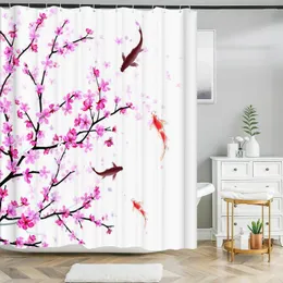 Cortinas de chuveiro rosa flor de cerejeira flores de pêssego cortina flores padrão floral banheiro tela de pano de poliéster à prova d'água com gancho