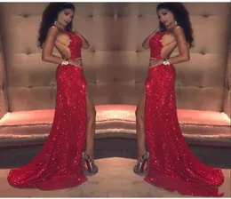 Red Sequined Sparkly Prom Dresses Sexy Low Back Front High Slit Long Mermaid 2020 Party Gown Evening Dress Customize Plus Size4494443