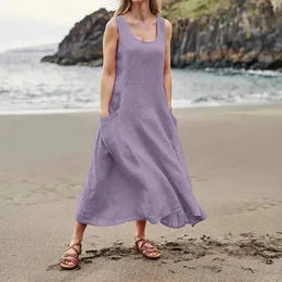 Casual klänningar Kvinnor Fashion Solid Color Sleeveless Cotton Linen Pocket Dress Vestido Longo Vestidos Casues Roupas Femininas