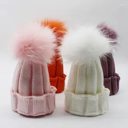 Basker baby skallies beanies vinter hatt för barn flickor pojkar färger riktig päls pompom stickad mössa