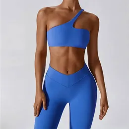 2 bit yogadräkt kvinnors gym fitness pushup kläder höga midjegener en axel sport bh träning set sportkläder 240322