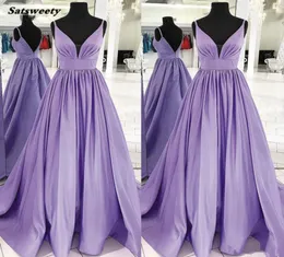 Purple Sleeveless Satin Deep V Neck Prom Dress Vestido De Festa Longo Elegant Simple Evening Gowns Long2695218