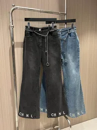 2024 frauen Brief Jeans Straße Tragen Breite Bein Hosen Mit Kette Gürtel Frauen Hohe Taille Gewaschen Denim Hose