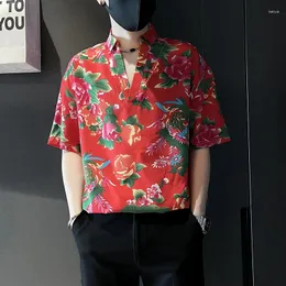 Polos masculinos floral impressão vermelha polo camisas para homens manga curta estilo chinês verão de alta qualidade macio confortável solto ajuste camisas de hombre