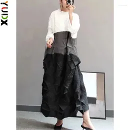 Casual klänningar yudx miyake stativ krage färg block klänning lång längd kvinnor 2024 höst vintage lös veckad elegant
