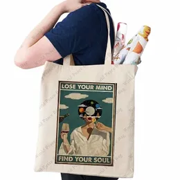 fi Vintage Girl With Wine Print Tote Bag, Lose Your Mind Find Your Soul Pattern Shoulder Bag, Casual Canvas Shop Bag w90s#