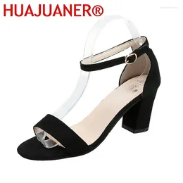 Dress Shoes HUAJUANER 2024 Thick Heel 7 Cm 5 Sandals Women Summer Wild High Mid-heel Buckle Open Toe Flock Pumps