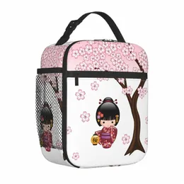 Kokeshi docka röd svart vit körsbärsblommor isolerad lunchpåse japansk tjej konst matlåda kylare termisk lunchlåda skola n8hh#