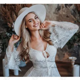 Lakshmigown bohemian uma linha de renda vestidos de noiva para mulher 2023 Robe de mariage puffy manga longa praia vestidos de noiva sem costas
