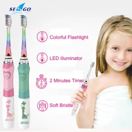 Heads Seago Electric Toothborste för barn Färgglada LED -ficklampa 16000 slag frekvens dupont borst 2 huvuden tid sonisk vibration