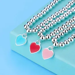 Designer Imitation S925 Sterling Silver Round Bead Bracelet beads enamel peach heart love shaped silver jewelry the same Buddhist Bead Bracelet