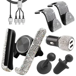 Upgrade 5Pcs Rhinestone Car Accessories Set Bling Kit With Dual USB Car Charger 3 In 1 Charging Cable Air Vent Phone Holder Hooks