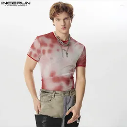 Männer T Shirts 2024 Männer Tie Dye Mesh Transparent Oansatz Kurzarm Streetwear Camisetas Sexy Fitness Mode Kleidung INCERUN