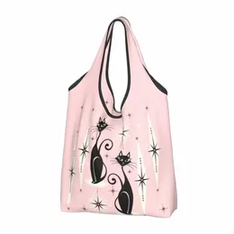 metà secolo Meow Retro Atomic Black Cats Shop Bag Donna Tote Portable Vintage Abstract Geometric Grocery Shopper s X4JQ #