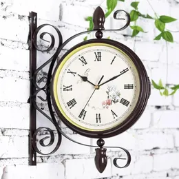 Zegary ścienne w stylu antycznym dwustronnym dekoracją Cicha bateria napędzana baterią wisząc do salonu dom do sypialni ogród kuchenny