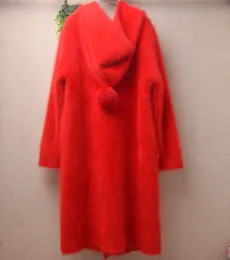 04 Damen Frauen im Herbst Winterkleidung rot haarige Nerzkaschmir gestrickte Kapuze mit langen Ärmeln lose lange Strickjacken Pullover Jacke Top