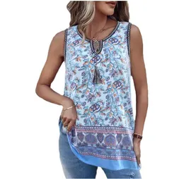 2024 nuove donne camicette da donna camicie estate casual allentato spiaggia t-shirt camicia senza maniche stampa bohemien cinturino top estate casual fondo canotta