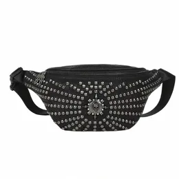 Jierotyx Women Black Cadded Torby Faux skórzana torba w talii Fanny Pack Y2K Mey Bum Bag Hip Belt Gothic Style Vintage Nit W2tt#