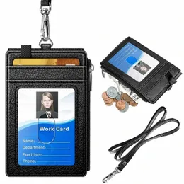 Porta-crachás com zíper Carteira porta-cartões de identificação com cordão no pescoço Bloqueio RFID X7YA v0R6 #