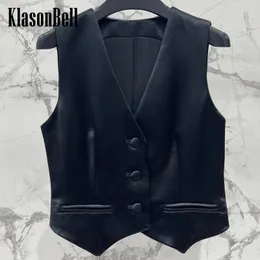 女性のベスト3.14 Klasonbell 2024 Black Acetate Camis Top V-Neckシングル胸のファッションオールマッチングベストコート